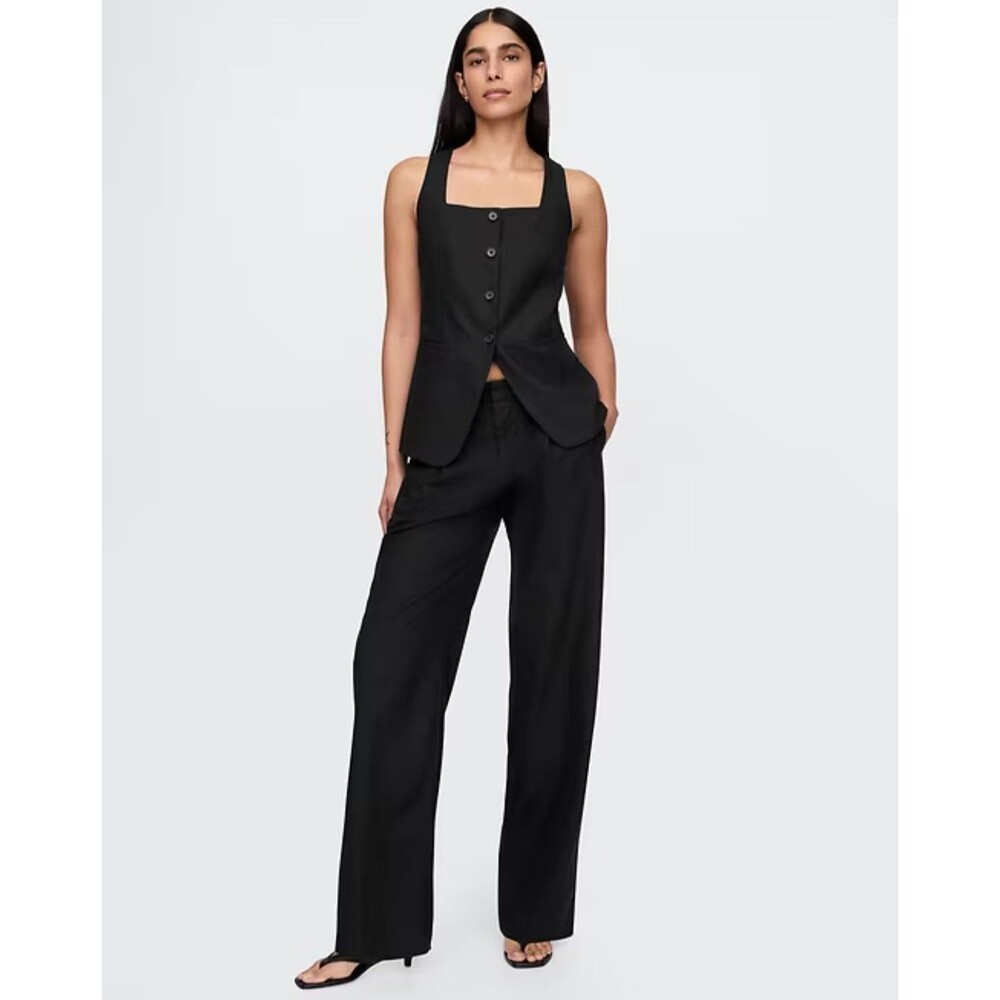 New Gap Pants Size 10 Tall Linen Blend Pleated Low Rise‎ Trouser Wide Leg Black